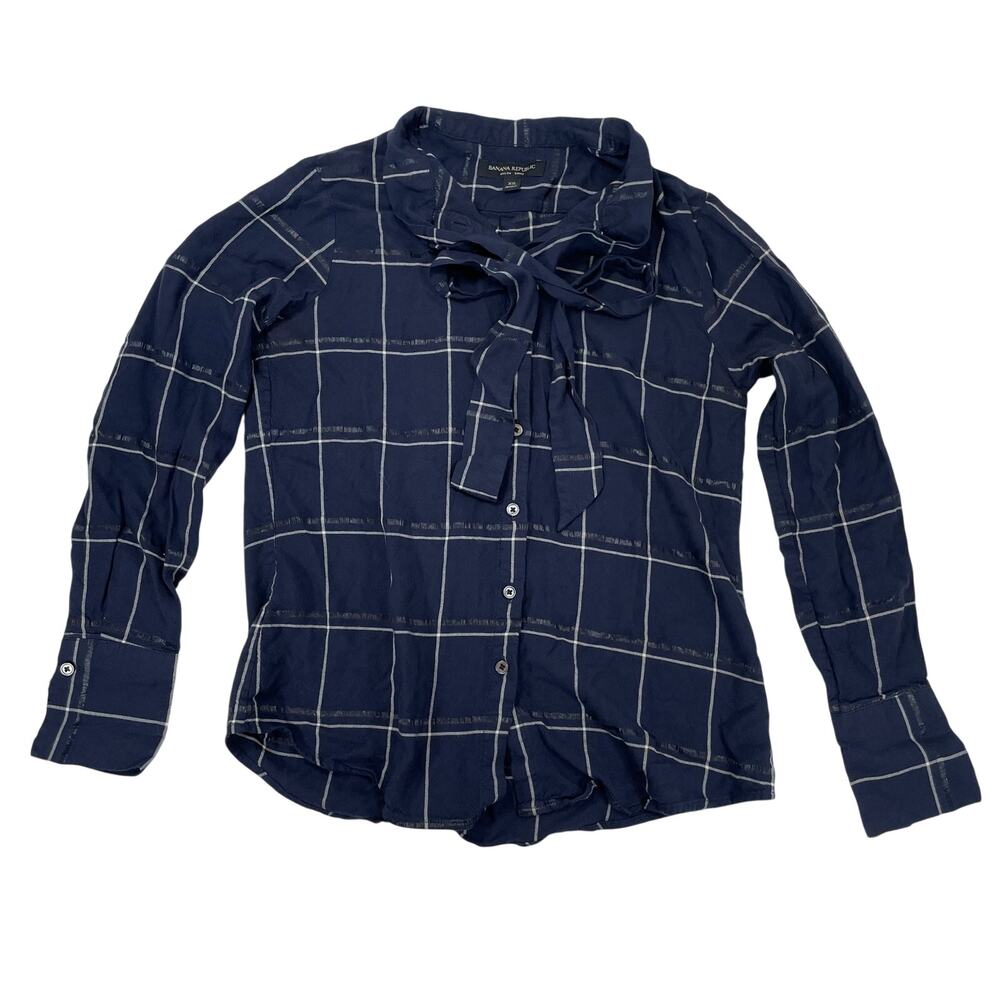 Banana Republic Dillon Shirt Navy Blue Plaid Tie Neck Blouse XS Women